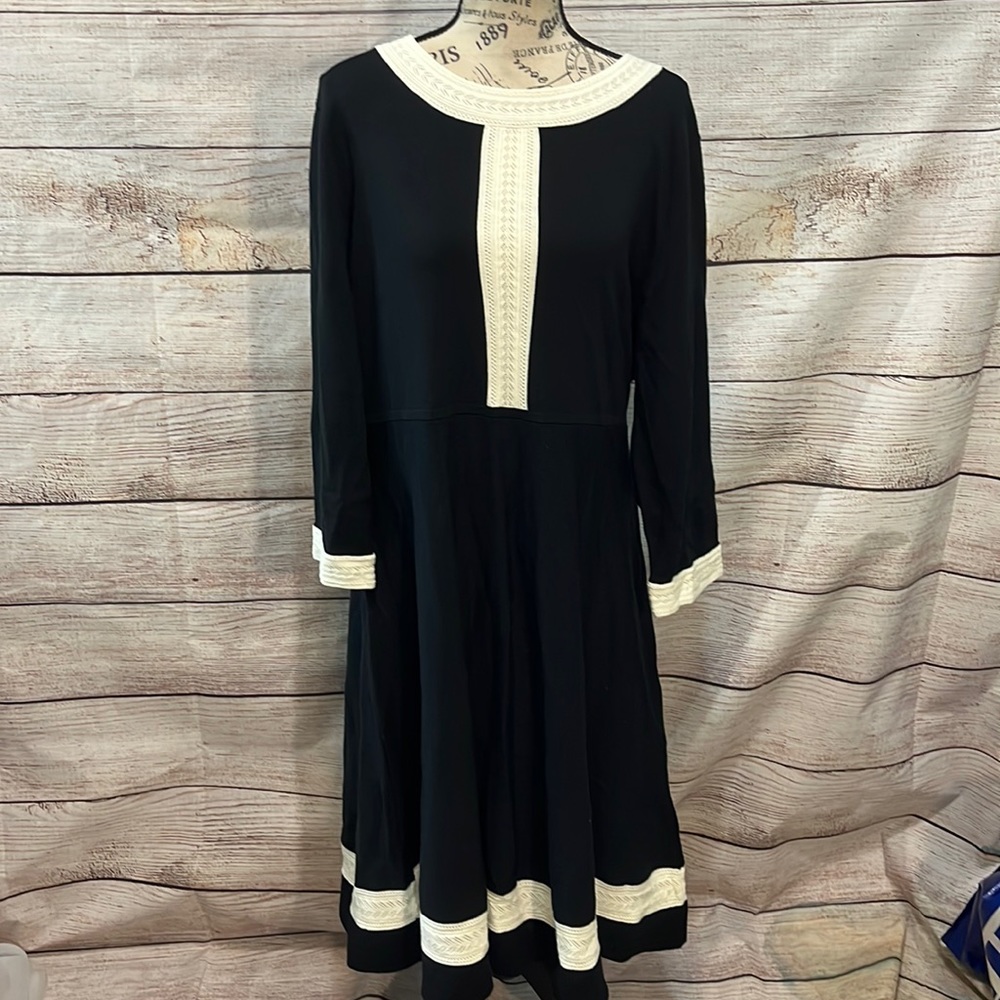 Talbots Knit Dress Fit n Flare NWT Size XL Black Cream 3/4 Sleeves